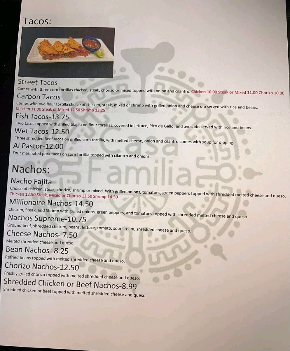 Casa Familia menu board