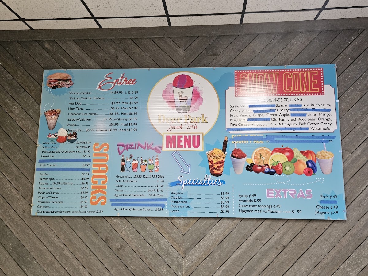 Deer Park Snack Bar menu board