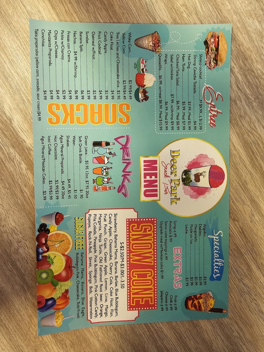 Deer Park Snack Bar menu board