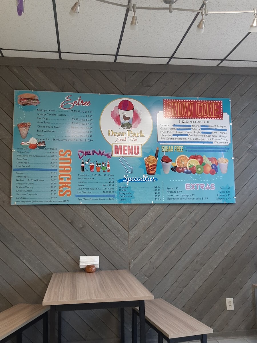 Deer Park Snack Bar menu board