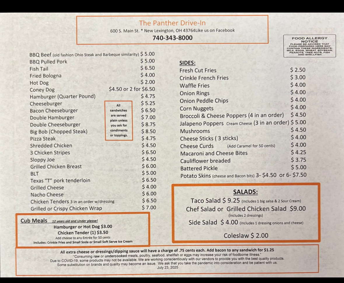 Panther Drive In menu board