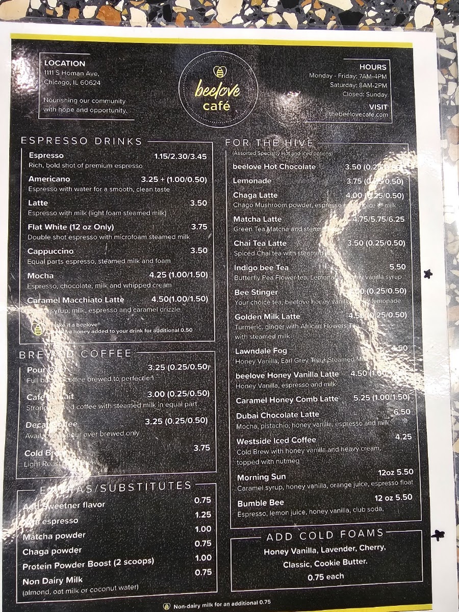 the beelove cafe menu board