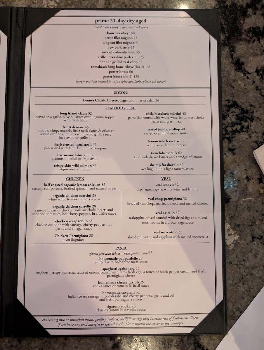 Lenny's Seafood & Steakhouse menu board
