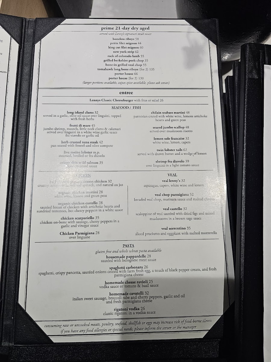 Lenny's Seafood & Steakhouse menu board