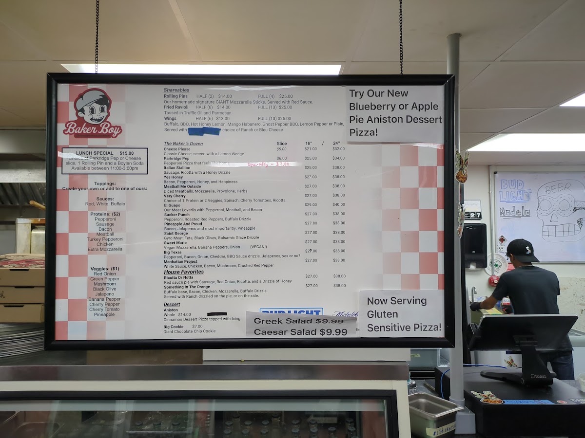 Baker Boy Pizza Company menu board