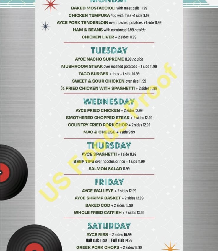 Star 57 Diner menu board