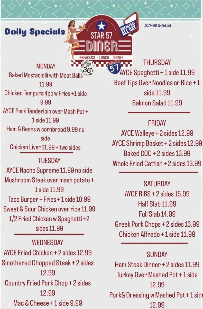 Star 57 Diner menu board