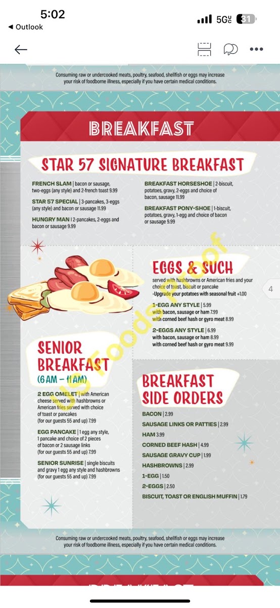 Star 57 Diner menu board