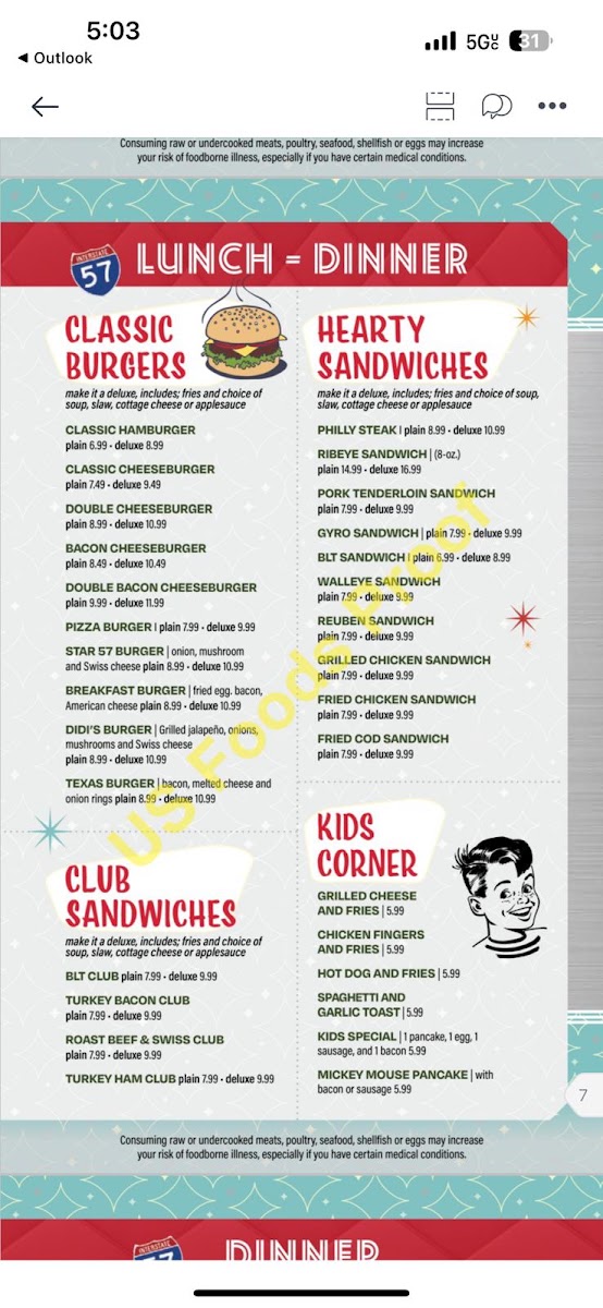 Star 57 Diner menu board
