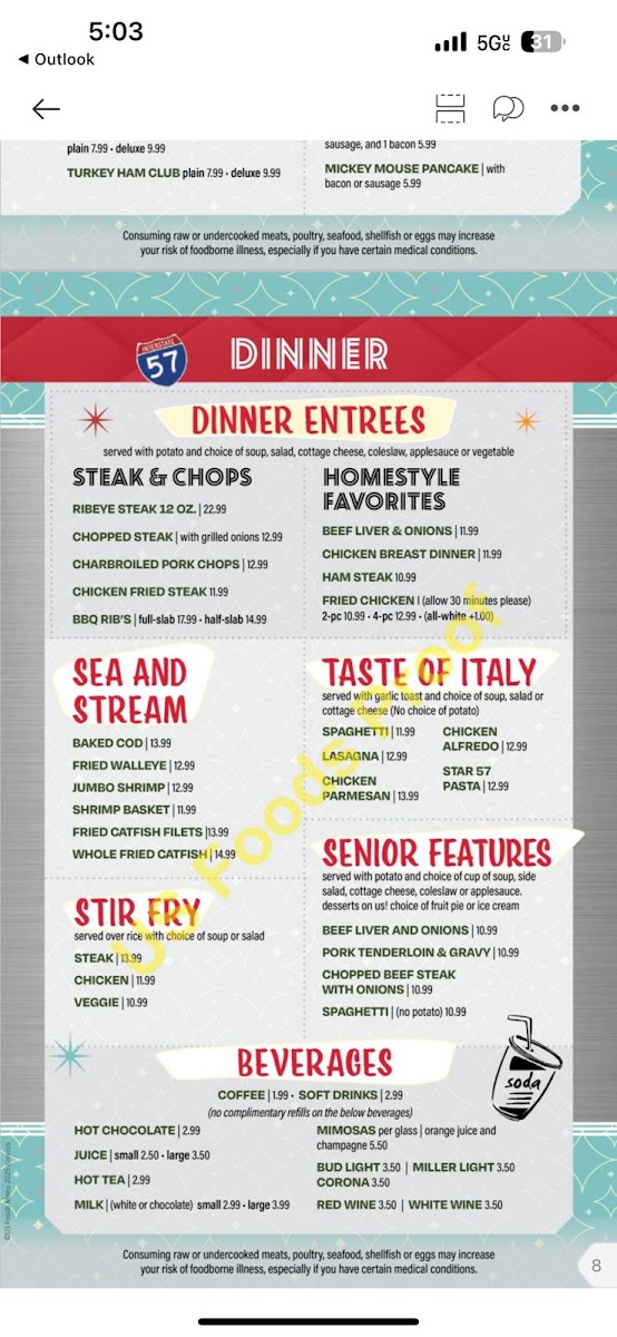Star 57 Diner menu board