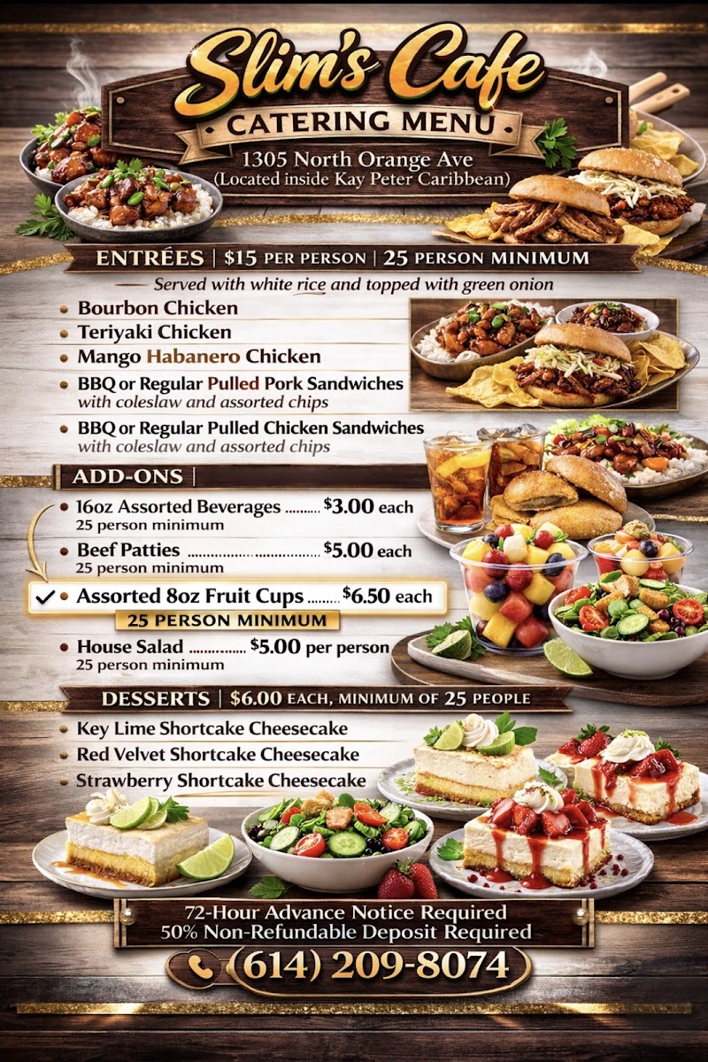 Slim's Cafe (Located in KAY PETER Caribbean Store & Mini Market) menu board
