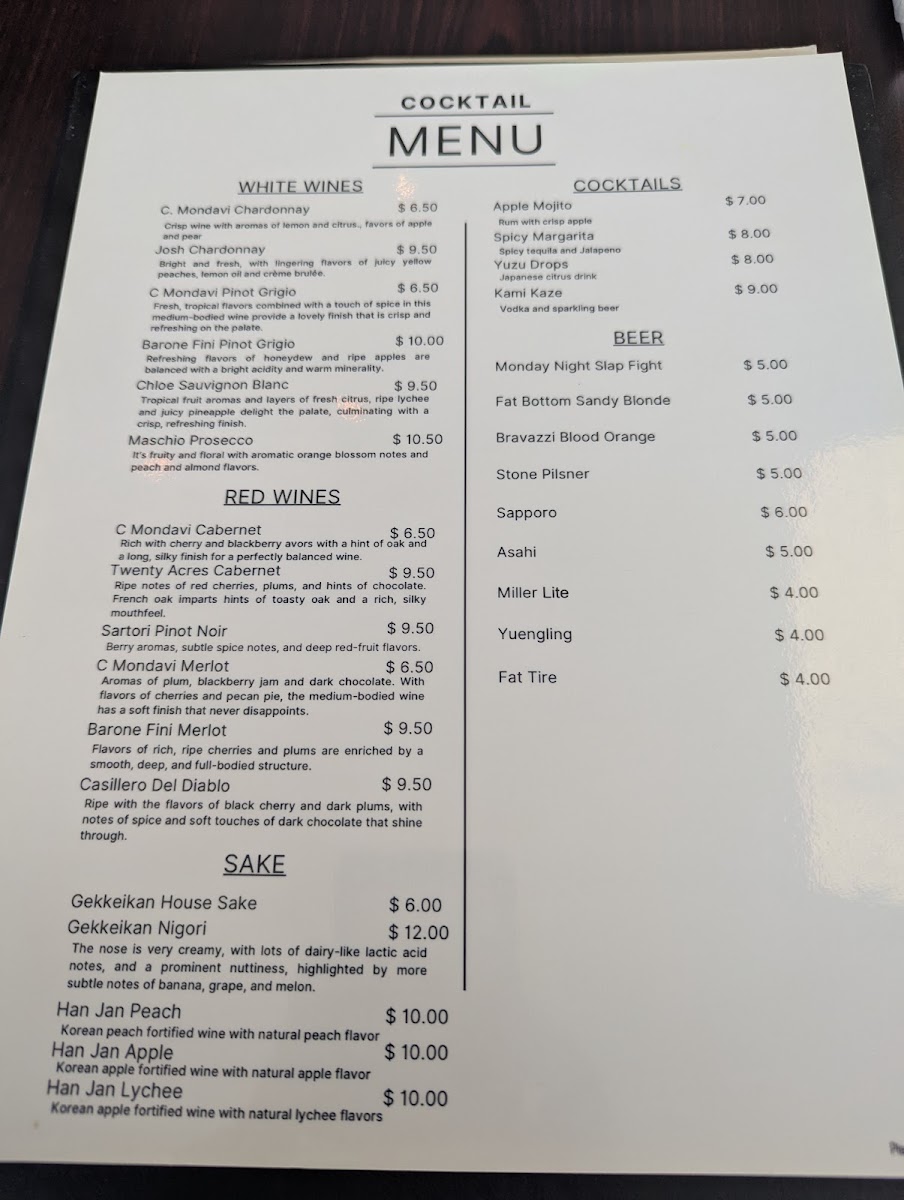 Kami Thai Sushi and Fusion menu board