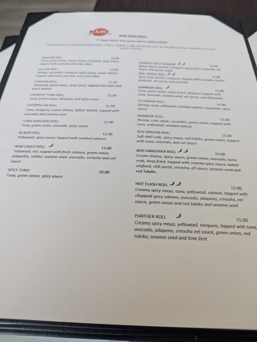 Kami Thai Sushi and Fusion menu board
