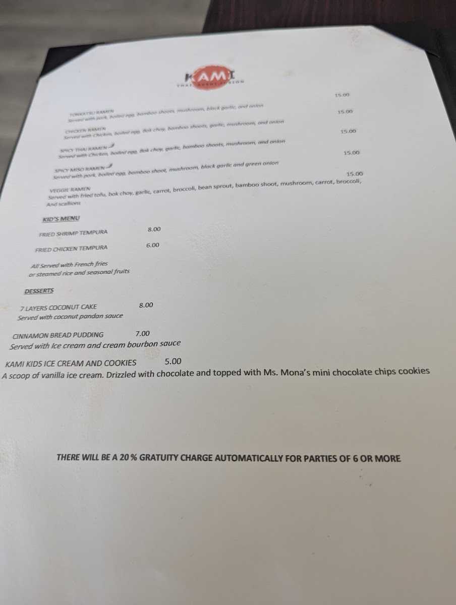 Kami Thai Sushi and Fusion menu board