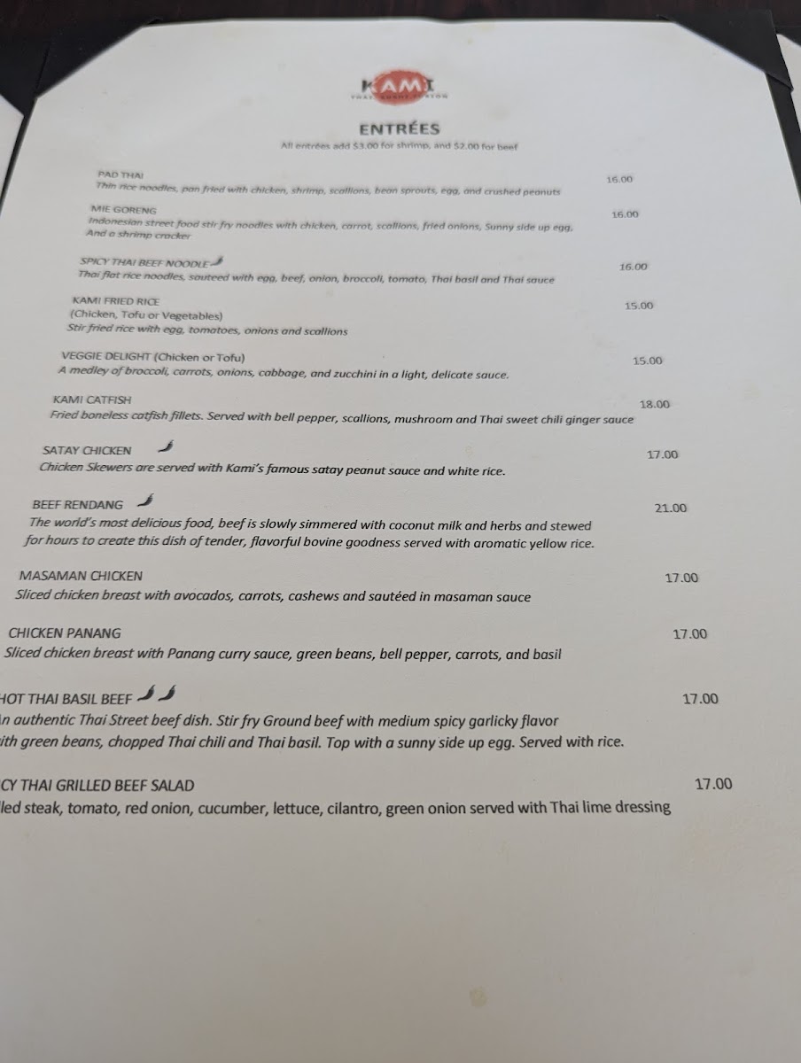 Kami Thai Sushi and Fusion menu board