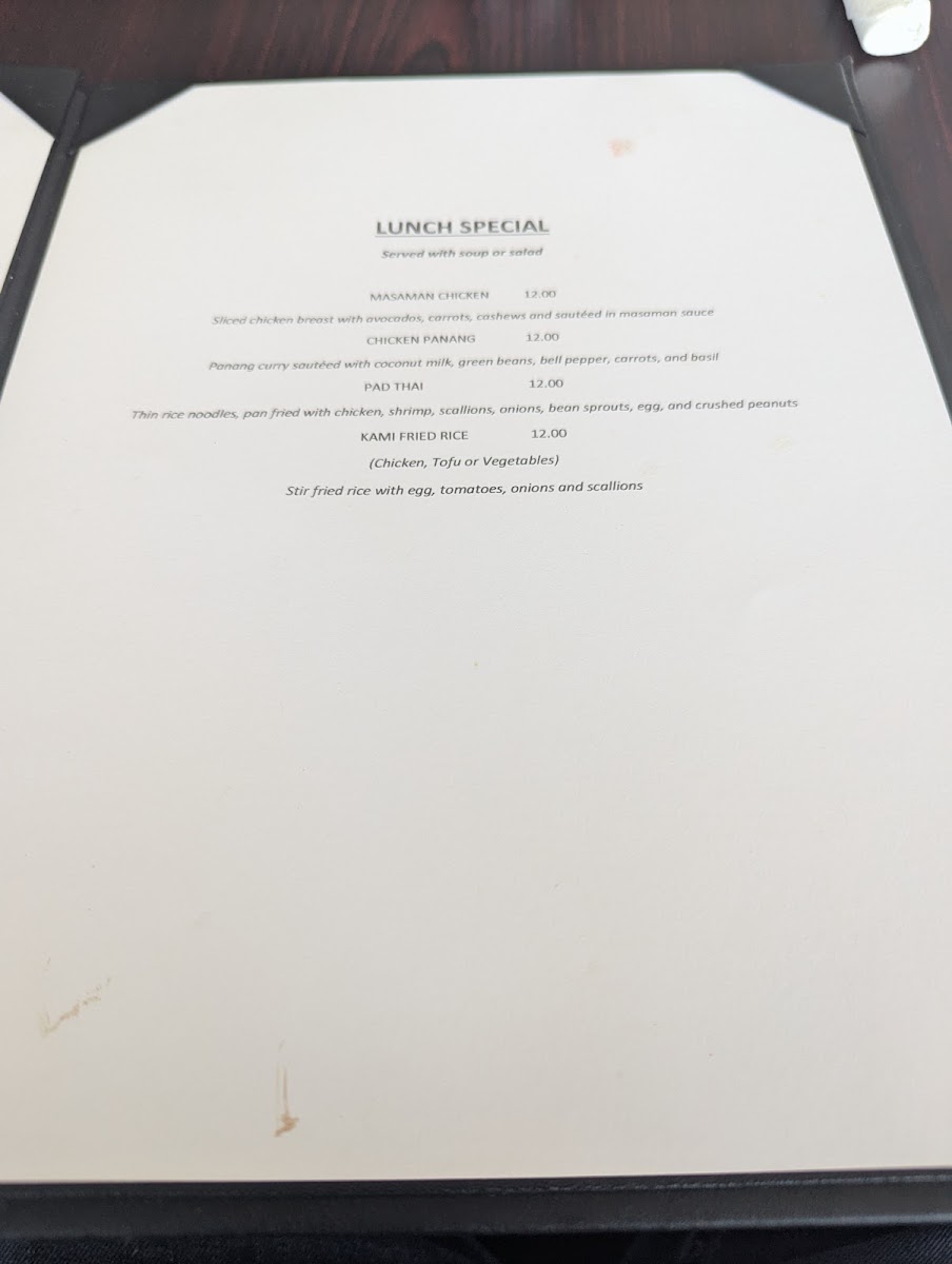 Kami Thai Sushi and Fusion menu board