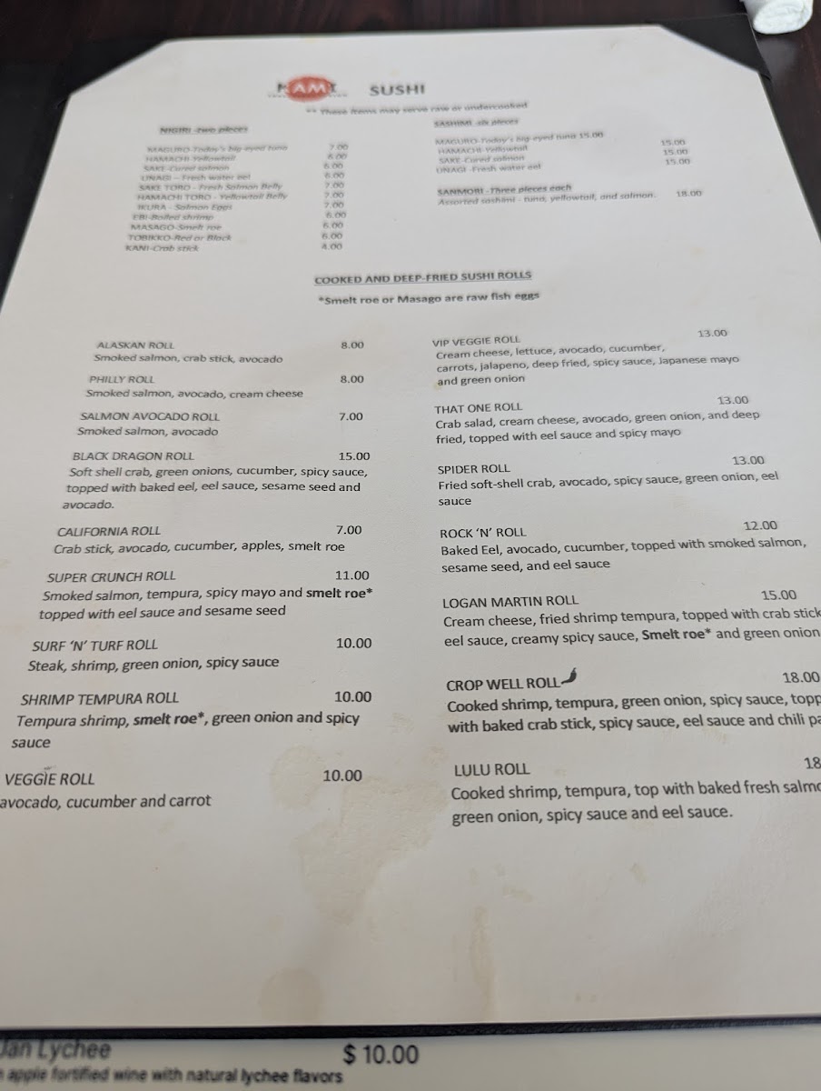 Kami Thai Sushi and Fusion menu board