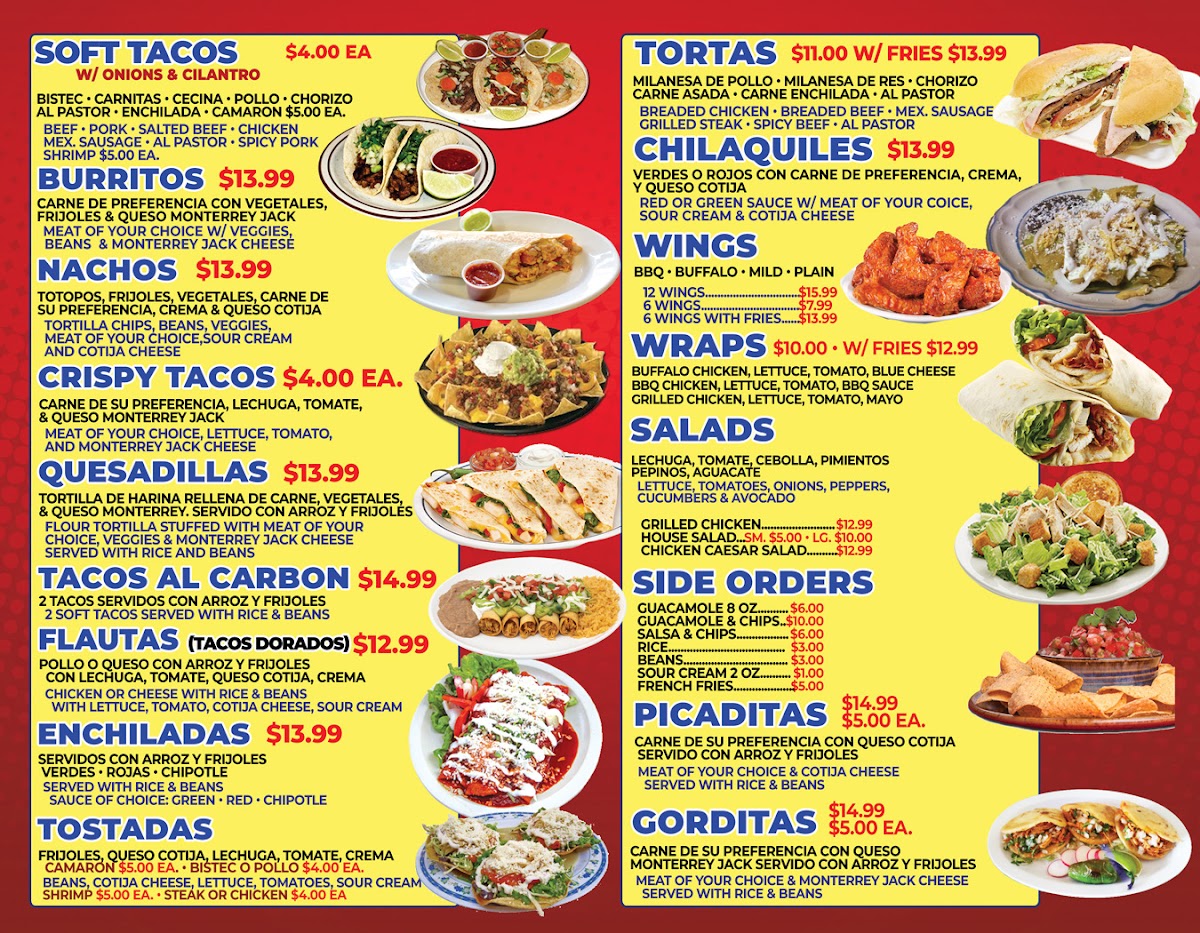 EL Castillo Mexican Restaurant and Pizzeria menu board