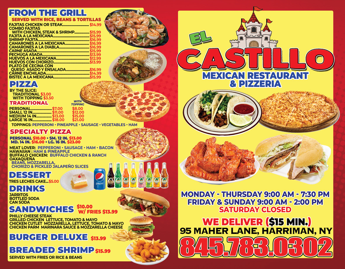 EL Castillo Mexican Restaurant and Pizzeria menu board