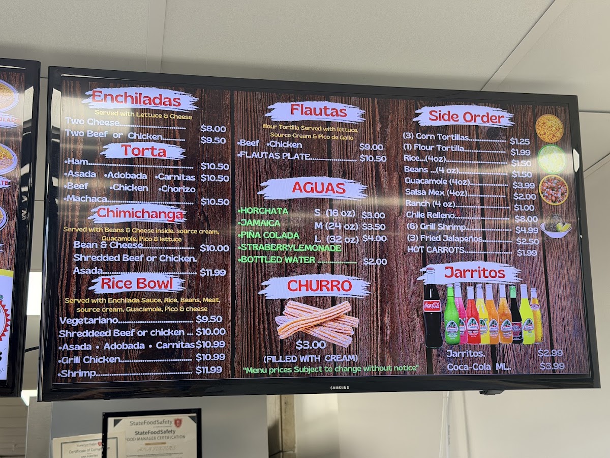 Valerie's Taco Shop at Flying J menu board