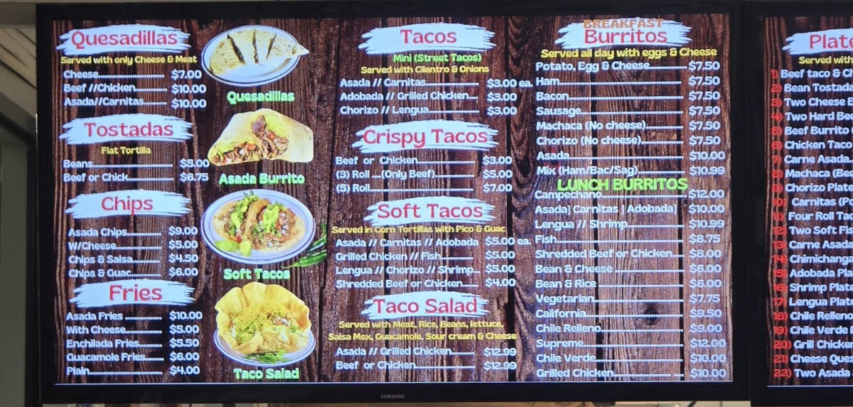 Valerie's Taco Shop at Flying J menu board