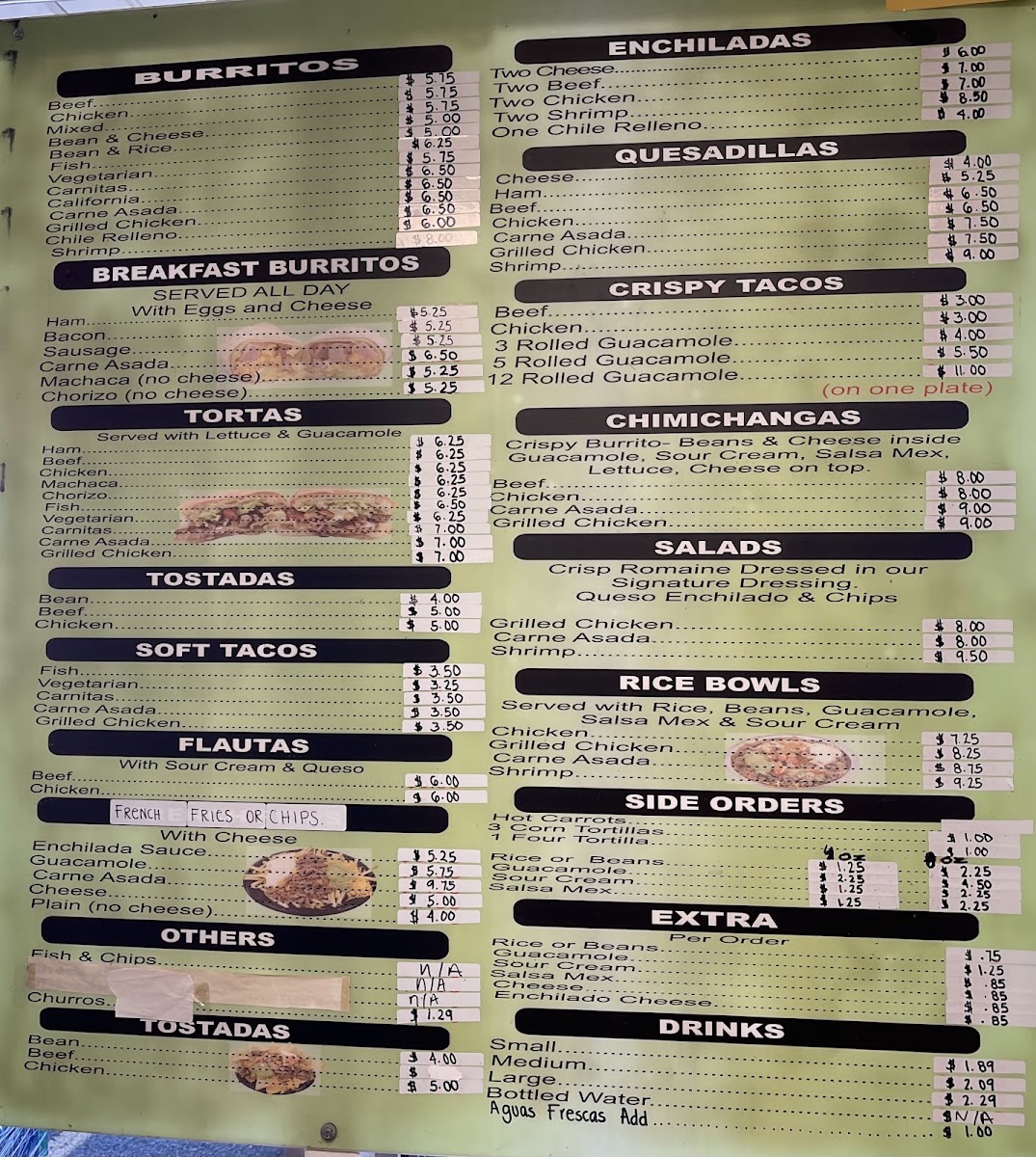 Valerie's Taco Shop at Flying J menu board