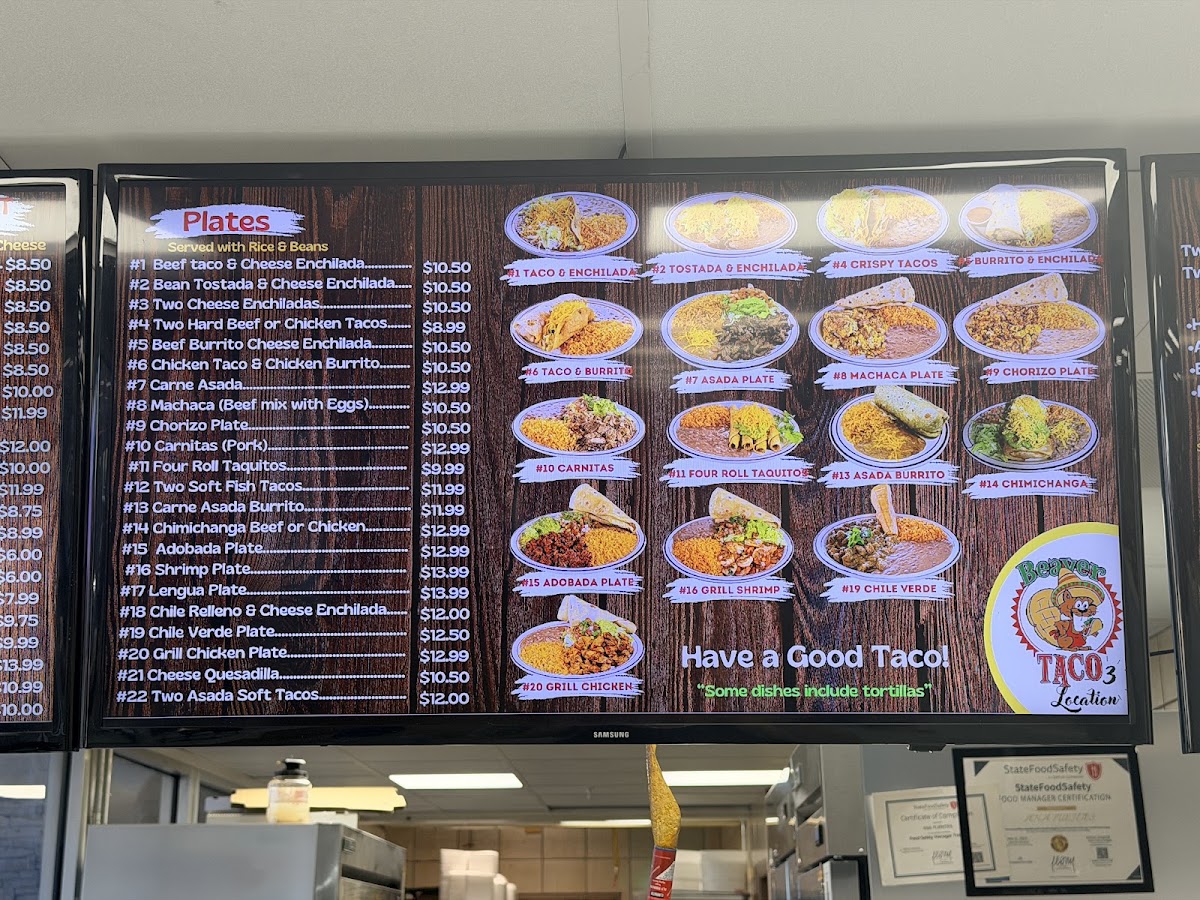 Valerie's Taco Shop at Flying J menu board