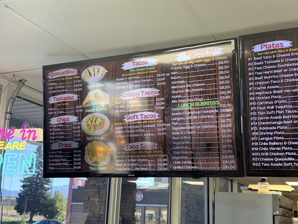 Valerie's Taco Shop at Flying J menu board