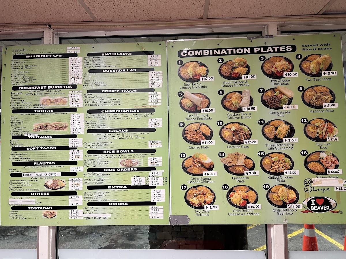 Valerie's Taco Shop at Flying J menu board