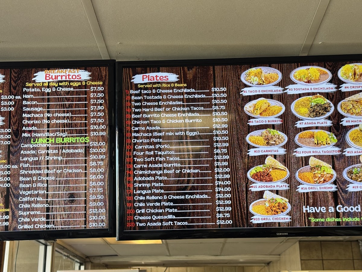 Valerie's Taco Shop at Flying J menu board