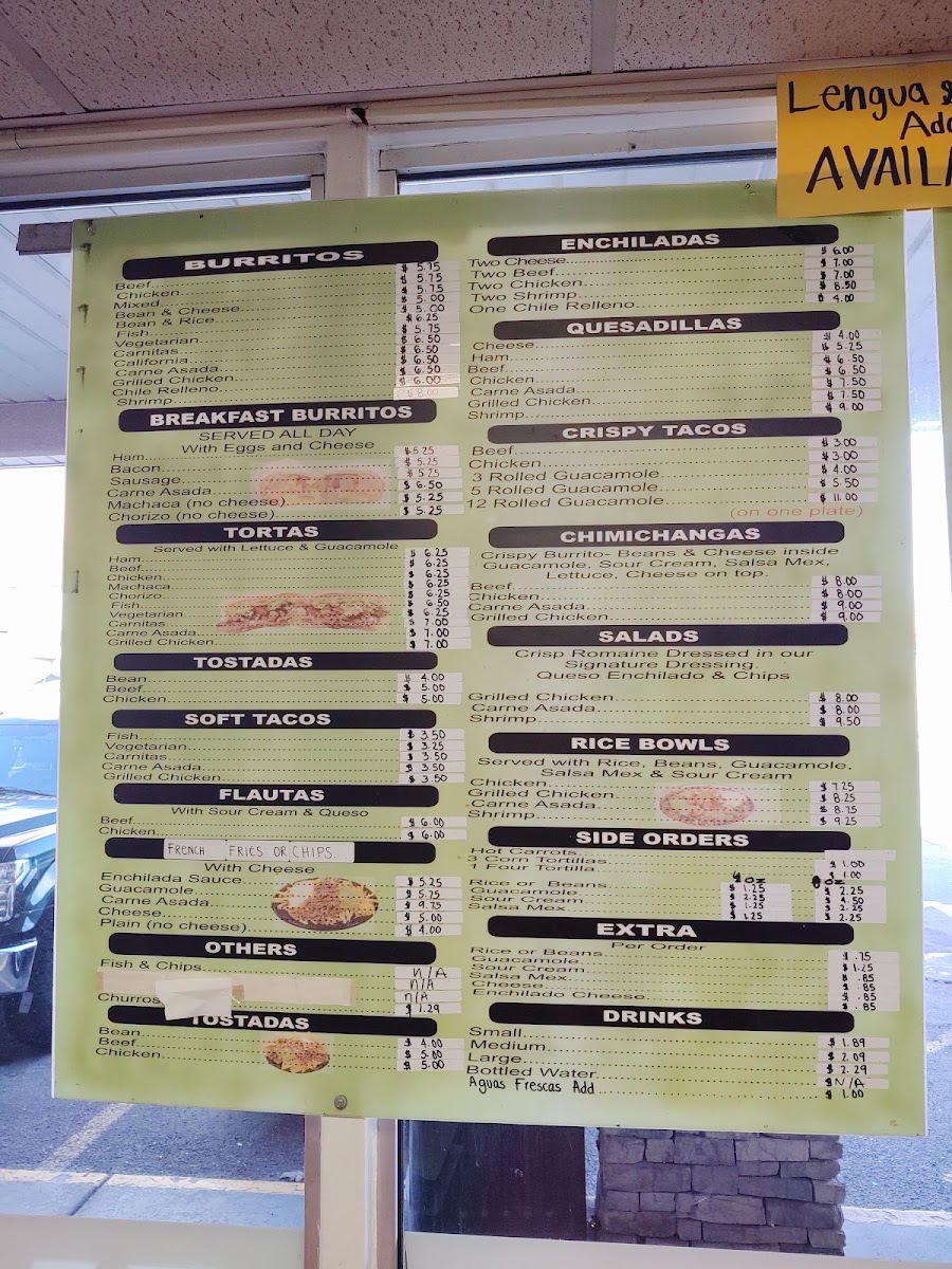 Valerie's Taco Shop at Flying J menu board