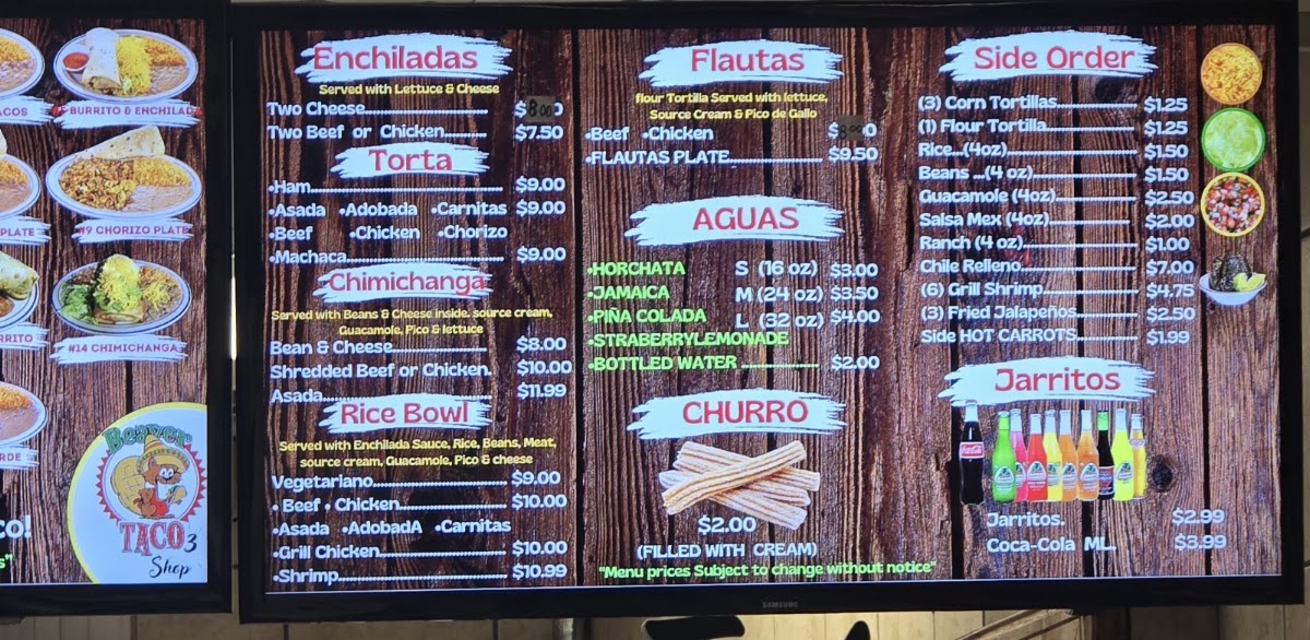 Valerie's Taco Shop at Flying J menu board