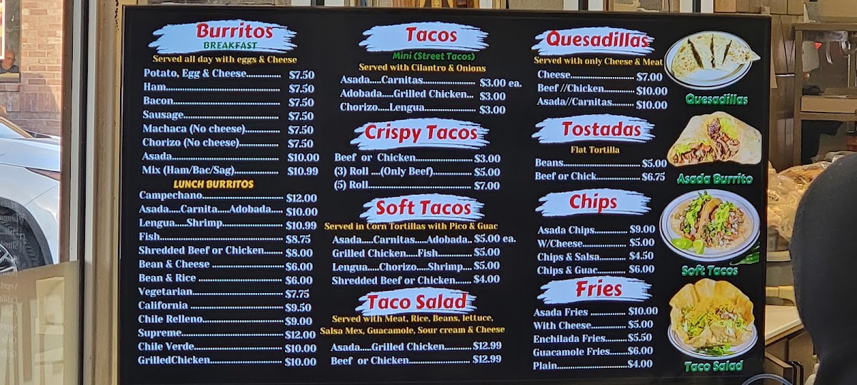 Valerie's Taco Shop at Flying J menu board