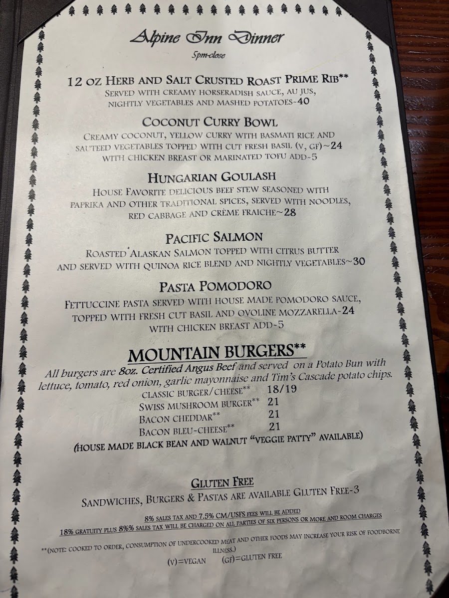 Alpine Inn Restaurant menu board