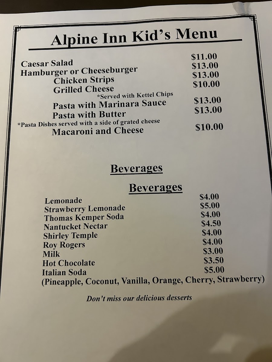 Alpine Inn Restaurant menu board