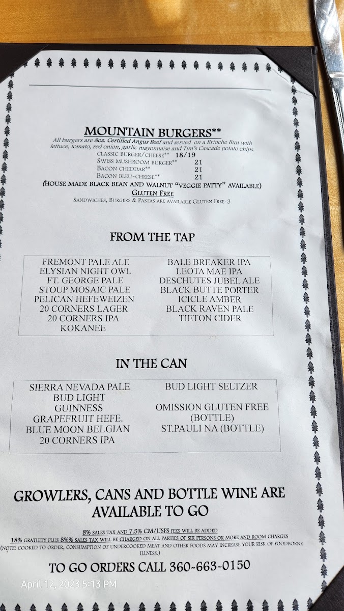 Alpine Inn Restaurant menu board