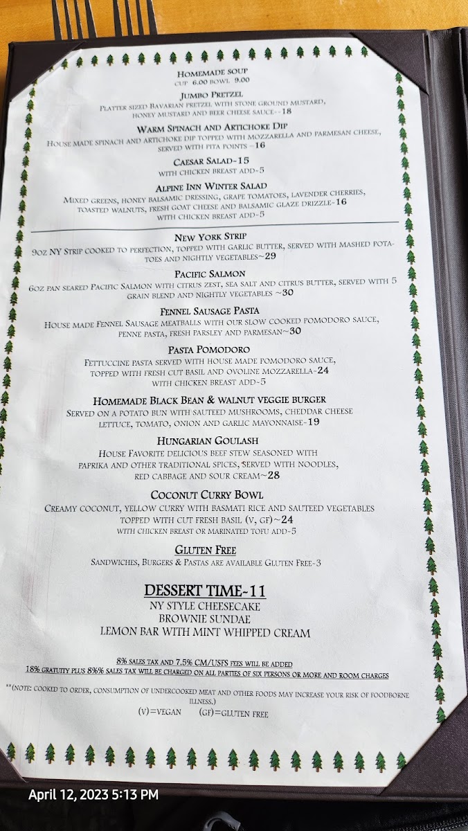 Alpine Inn Restaurant menu board