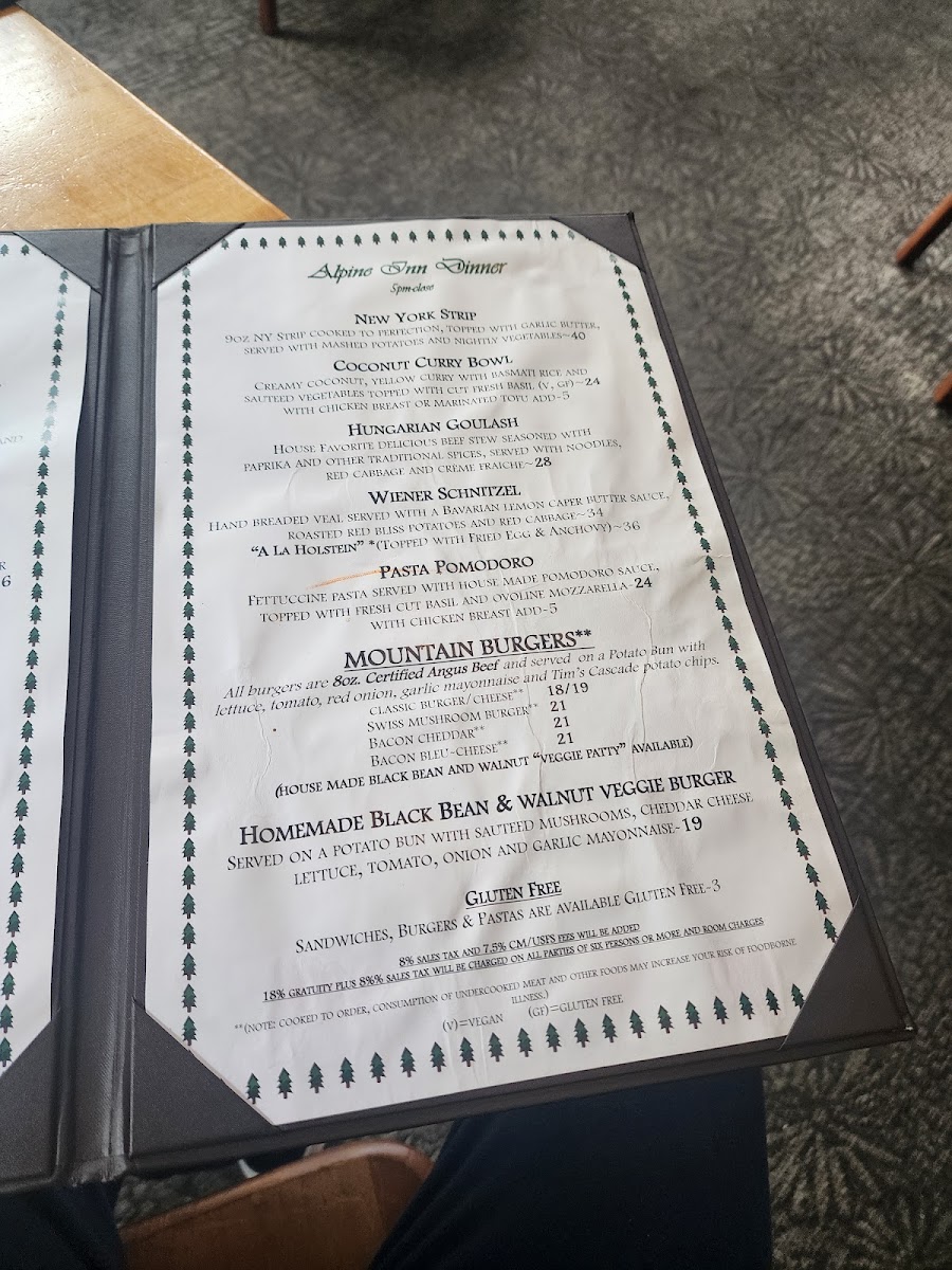 Alpine Inn Restaurant menu board