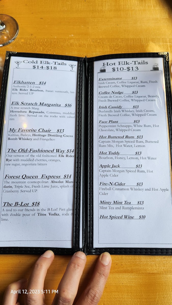 Alpine Inn Restaurant menu board