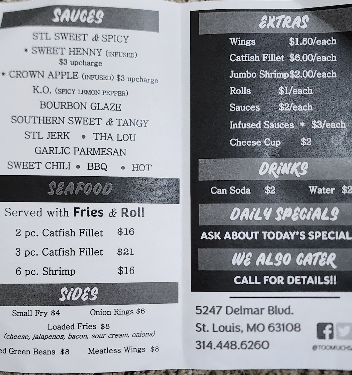 Too Much Sauce St. Louis menu board