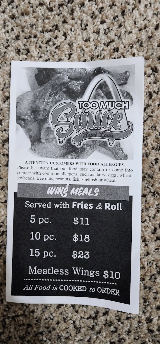 Too Much Sauce St. Louis menu board