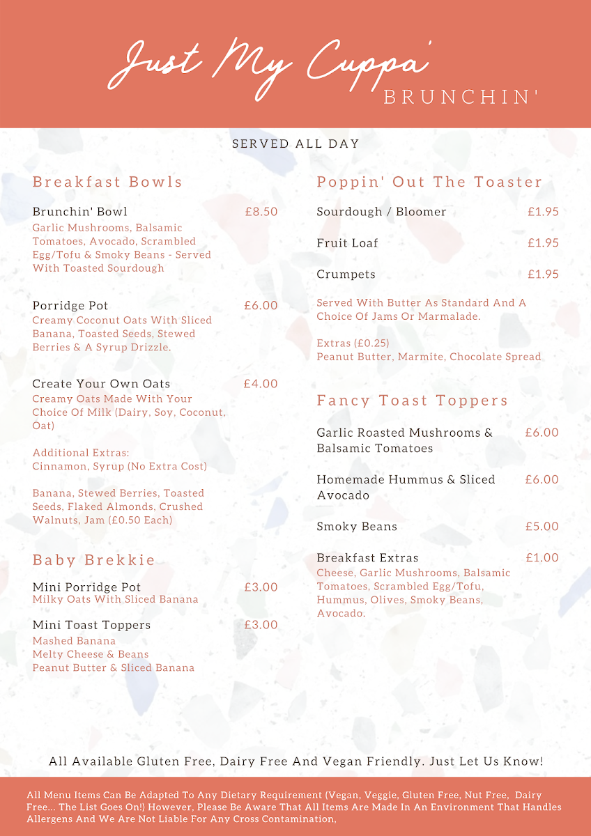 Just My Cuppa' menu board
