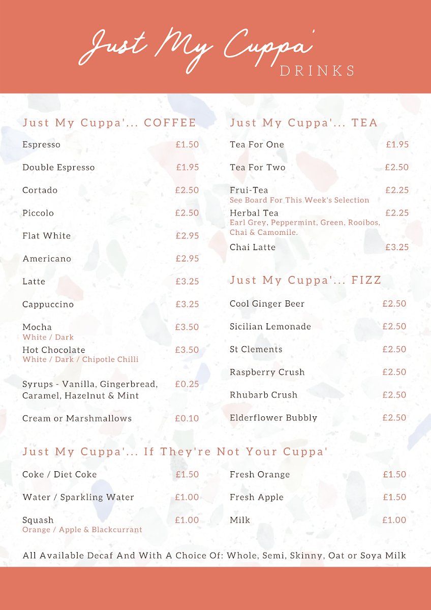 Just My Cuppa' menu board