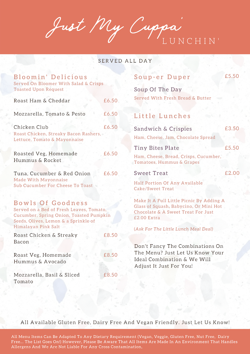 Just My Cuppa' menu board