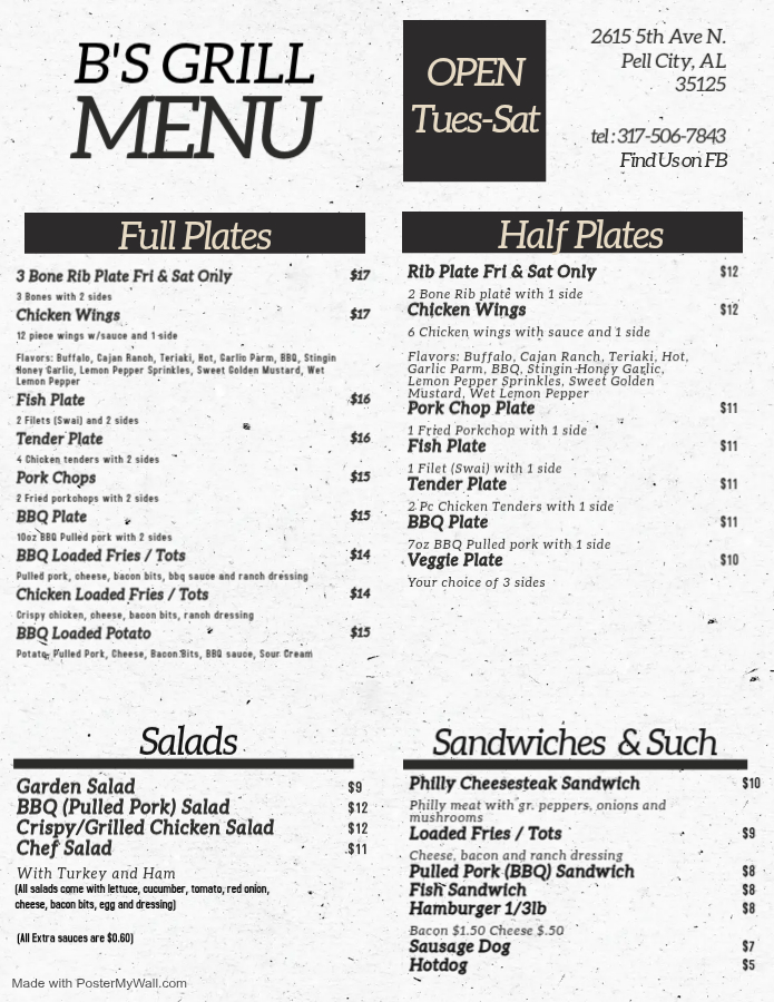 B’s Grill menu board