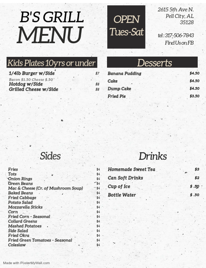 B’s Grill menu board