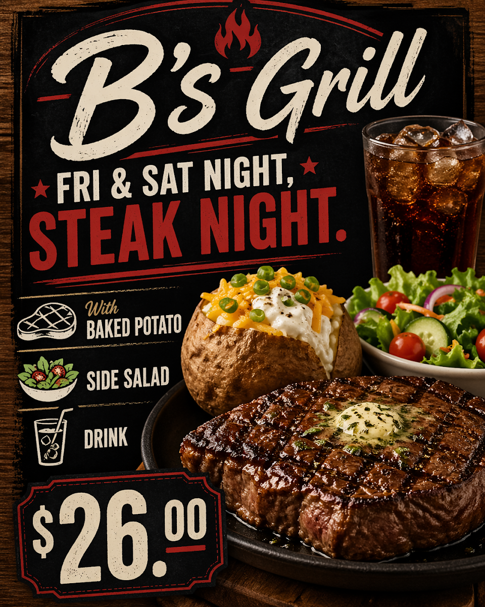 B’s Grill menu board