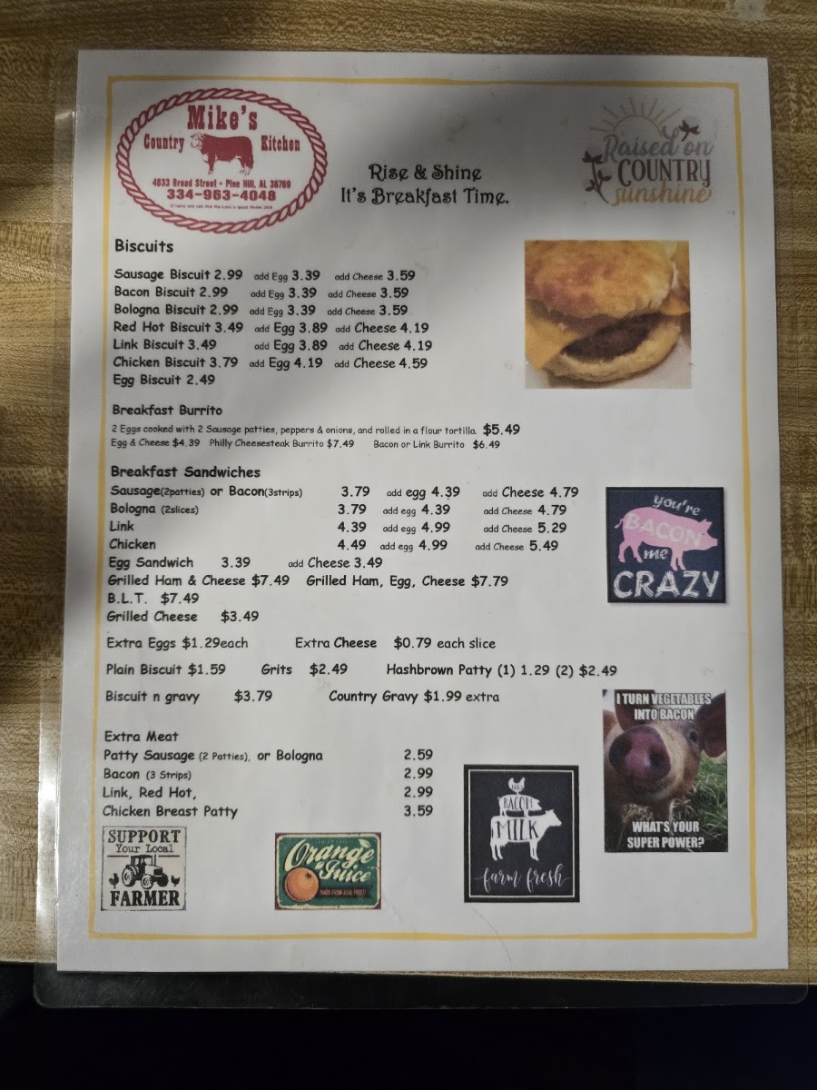 Mike's Country Kitchen menu board