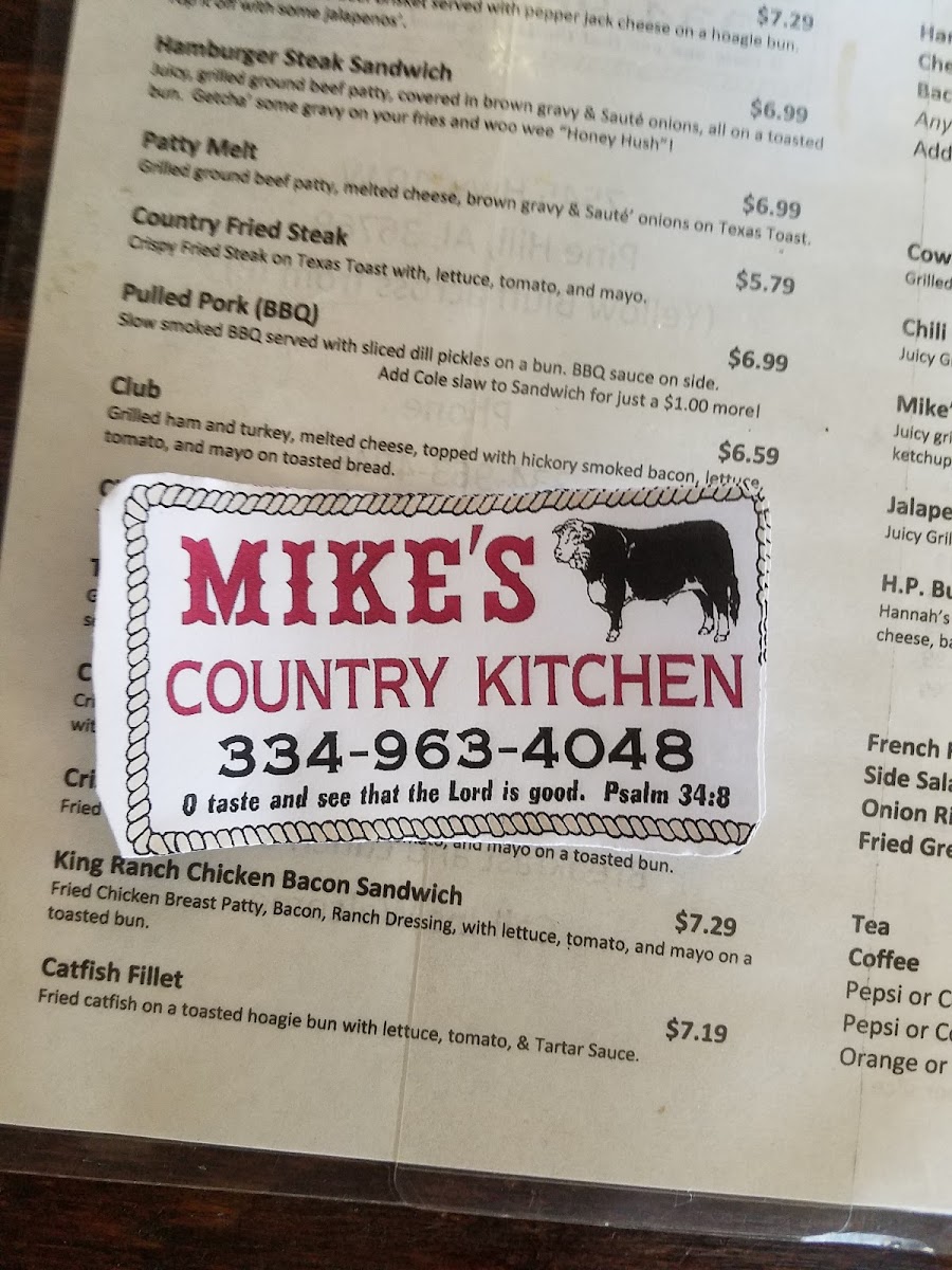 Mike's Country Kitchen menu board