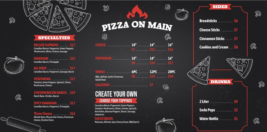 Pizza On Main menu board